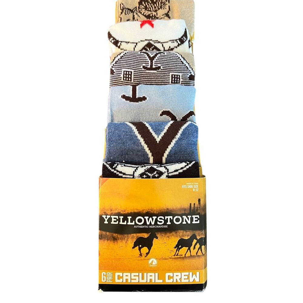 Yellowstone TV Show Six Pairs Men's Shoe Size 8-12 Crew Socks